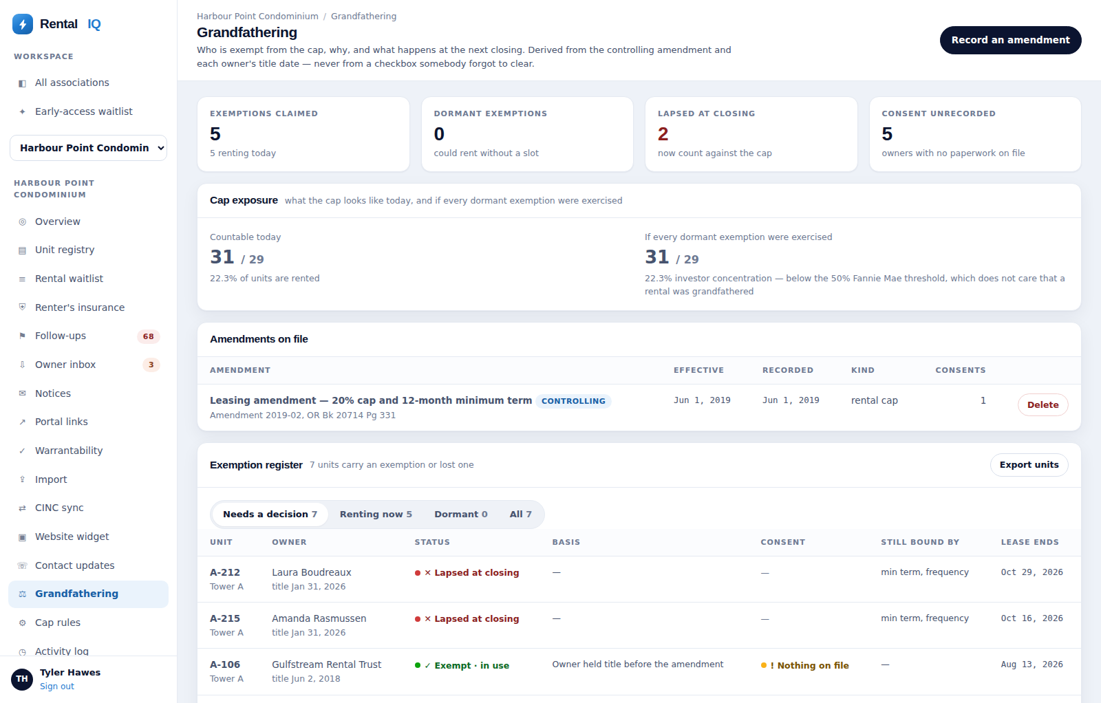 Rental IQ exemption register showing which owners are grandfathered and why