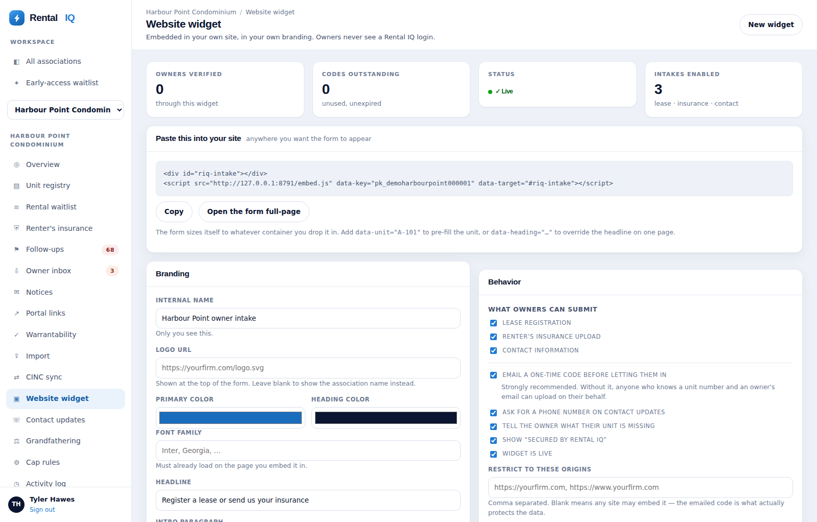 The branded intake widget a management company embeds in its own website