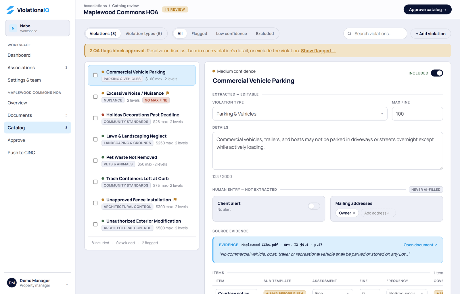 Violations IQ catalog review with source evidence for every violation