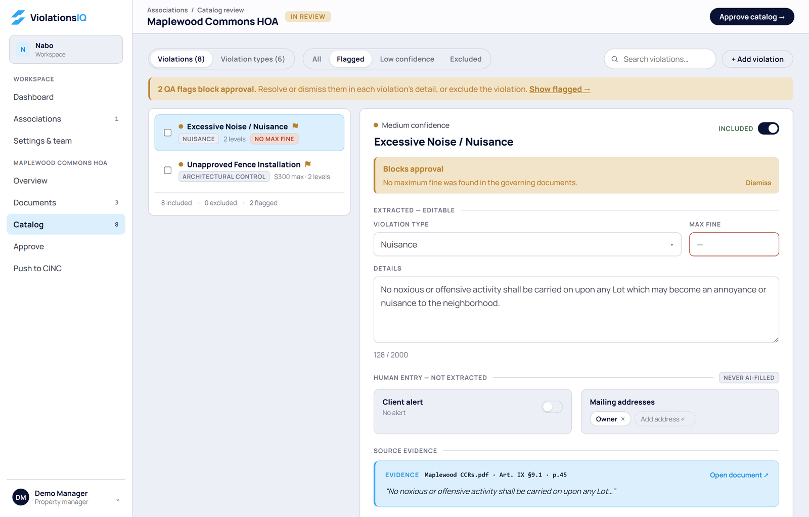 Violations IQ QA flags a manager must resolve before approval